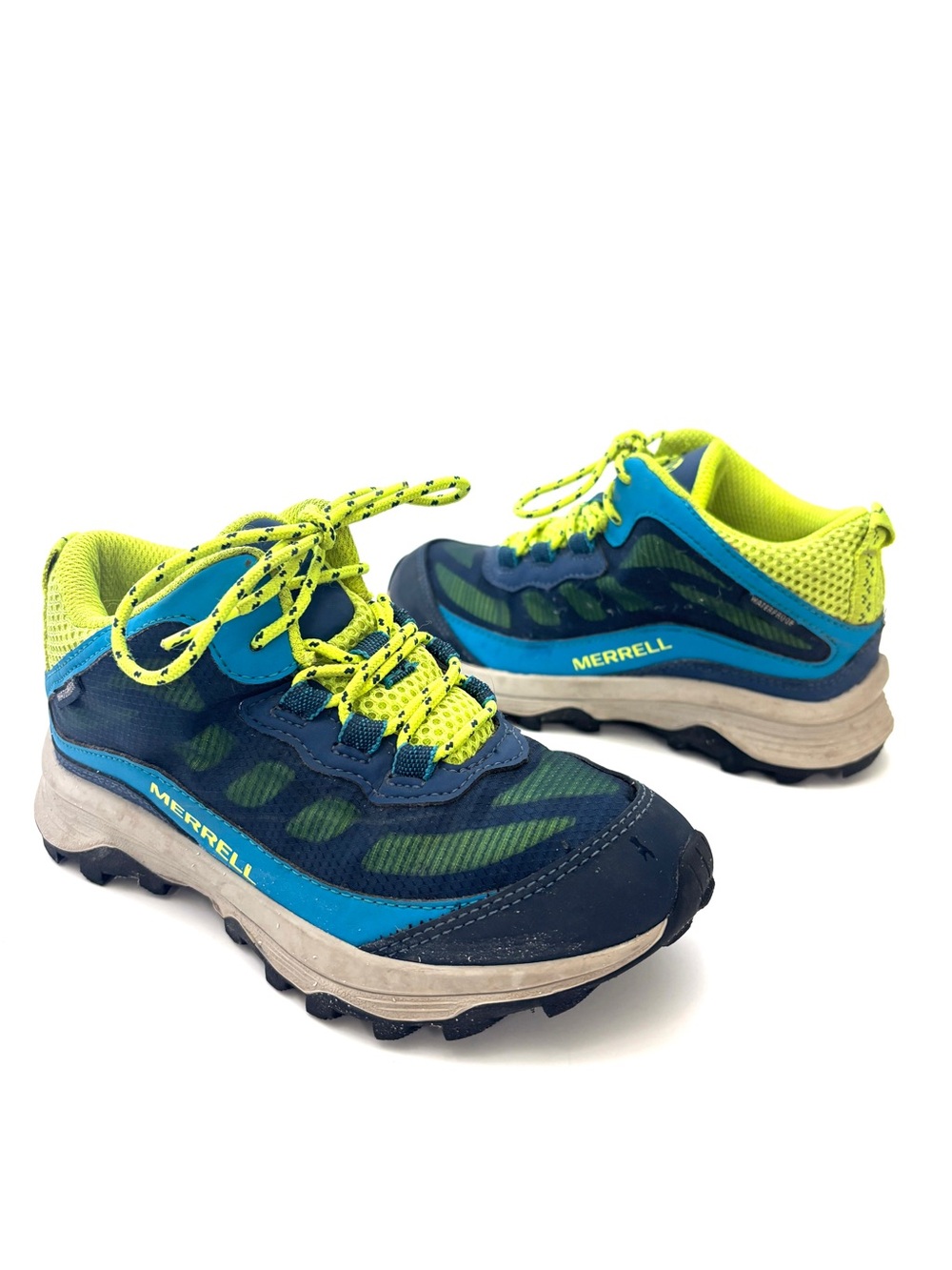 Merrell Youth Moab Speed 2 Mid Navy/Hi-Viz Waterproof Hiking Boot/Sneaker Sz 1